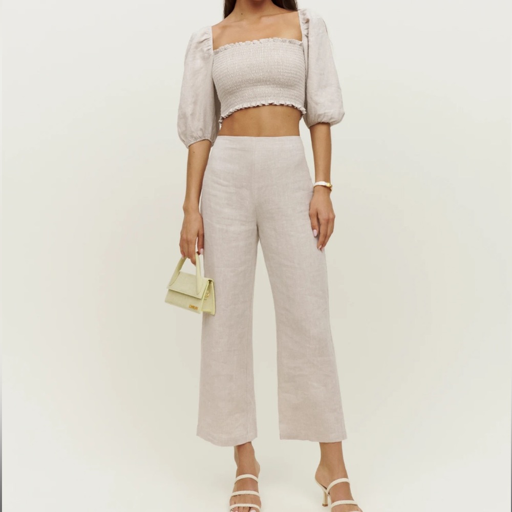 Reformation Scarlett Linen Two Piece Set, Oatmeal color, Petite size 0